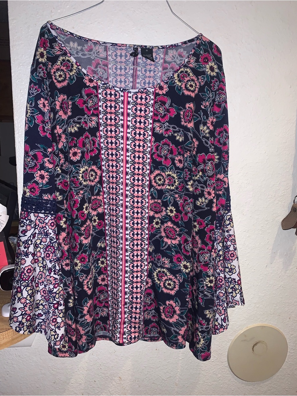 new directions Black Floral Mixed-Print Bell Sleeve Blouse with Pink Accents